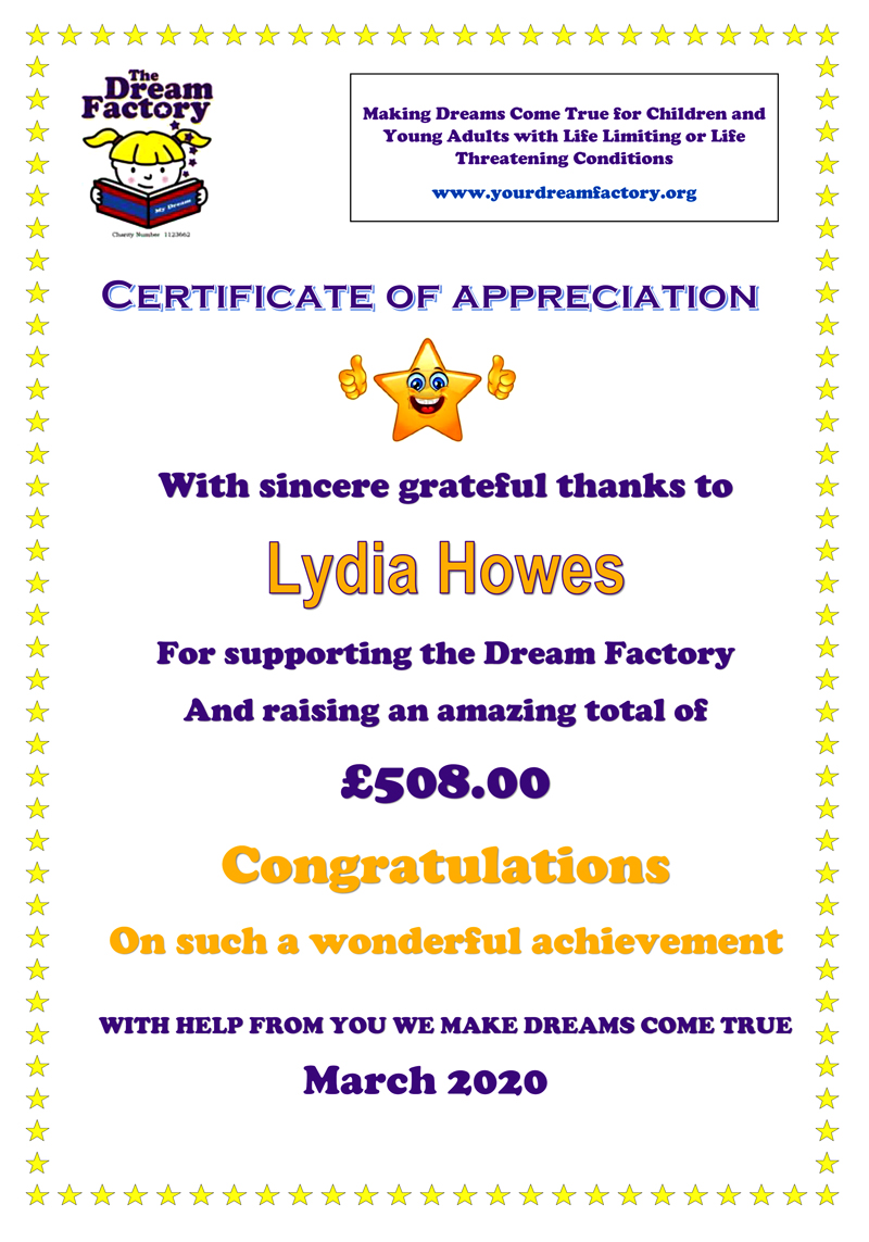 Lydia - Certificate of Appreciation